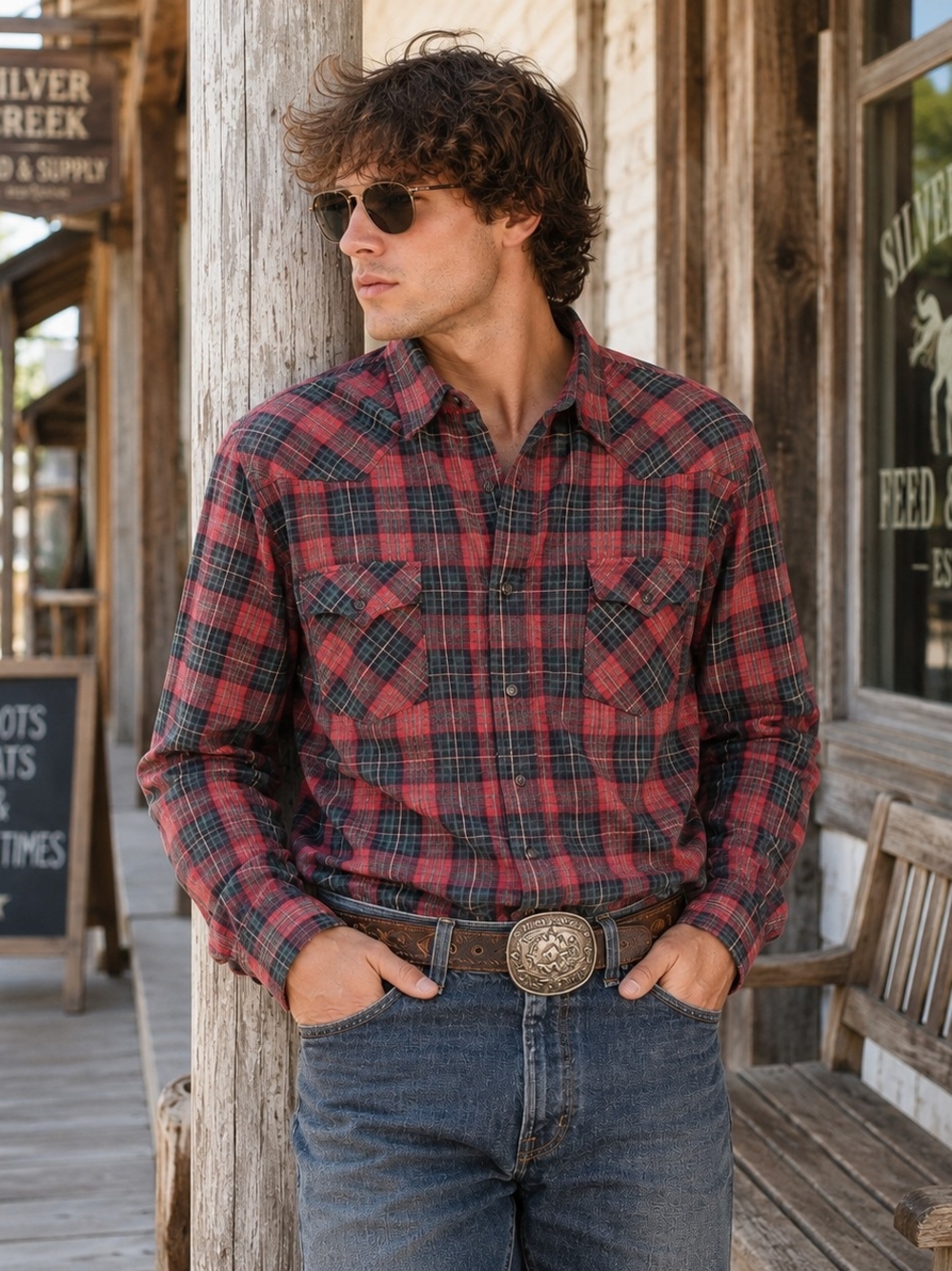 Vintage 70s Roebucks Red Plaid Shirt Western Pearl Snap Cowboy Sz LT Festival